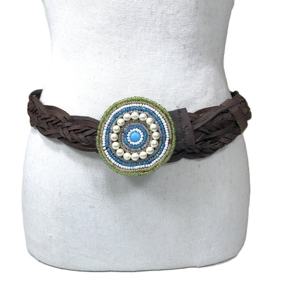 Vintage Beaded Seeded Belt Boho Southwestern Leather Belt Sz M, Sz L